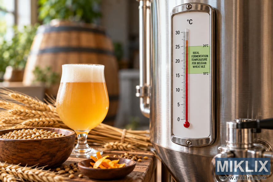 Thermometer on a stainless-steel fermenter with an 18â24°C ideal range for Belgian wheat ale, beside hazy golden beer, wheat, grains, and orange peel. Thermometer on a stainless-steel fermenter with an 18â24°C ideal range for Belgian wheat ale, beside hazy golden beer, wheat, grains, and orange peel.
