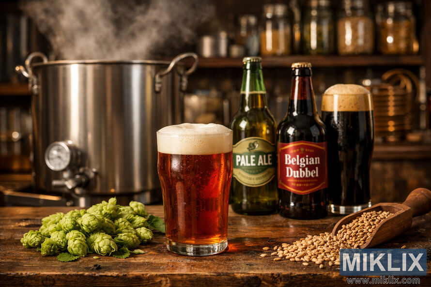 Close-up of an amber ale with creamy head on a rustic wooden table, surrounded by hops and malt, with a steaming stainless steel brewing kettle and bottles of Pale Ale, Belgian Dubbel, and Stout in the background.