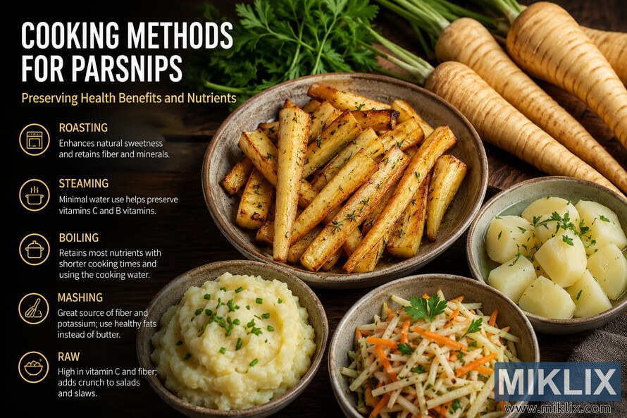 Landscape infographic showing healthy cooking methods for parsnips. The left side lists roasting, steaming, boiling, mashing, and raw preparation with simple icons and brief nutritional notes. The right side displays rustic bowls of roasted, mashed, boiled, and shredded raw parsnips alongside fresh whole parsnips and parsley on a wooden table. Landscape infographic showing healthy cooking methods for parsnips. The left side lists roasting, steaming, boiling, mashing, and raw preparation with simple icons and brief nutritional notes. The right side displays rustic bowls of roasted, mashed, boiled, and shredded raw parsnips alongside fresh whole parsnips and parsley on a wooden table.