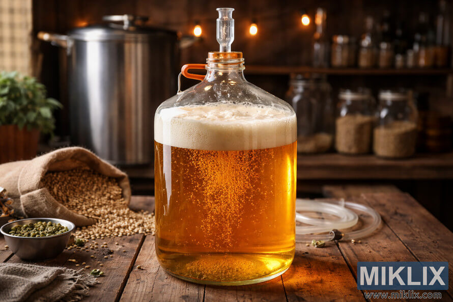 Golden North American lager fermenting in a glass carboy with foamy krausen on a rustic wooden table surrounded by brewing ingredients. Golden North American lager fermenting in a glass carboy with foamy krausen on a rustic wooden table surrounded by brewing ingredients.