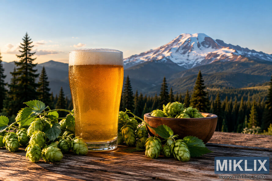 A clear pint of golden pale ale with a foamy white head sits on a rustic wooden table surrounded by fresh green hop cones, with evergreen forest and a snow-covered mountain glowing in warm evening light in the background. A clear pint of golden pale ale with a foamy white head sits on a rustic wooden table surrounded by fresh green hop cones, with evergreen forest and a snow-covered mountain glowing in warm evening light in the background.