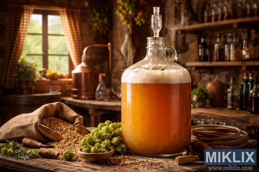 Glass carboy filled with Belgian Saison fermenting on a wooden table with hops and barley in a rustic Belgian homebrewing room. Glass carboy filled with Belgian Saison fermenting on a wooden table with hops and barley in a rustic Belgian homebrewing room.