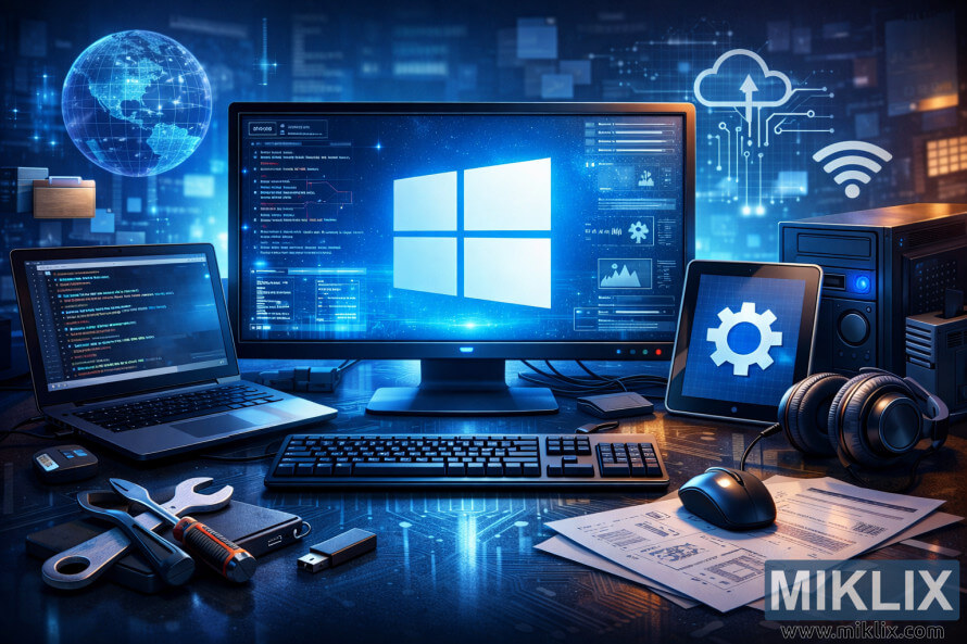 Modern workspace with Windows interface, code, system dashboards, and technical tools illustrating Windows technical guides.