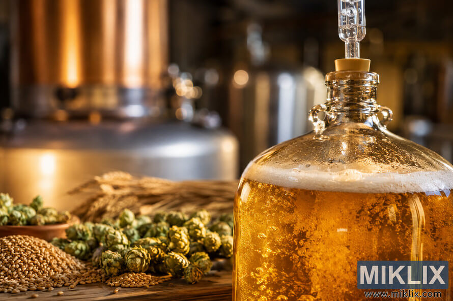Close-up photograph of a glass fermentation vessel filled with golden beer, featuring an active bubbling fermentation lock in the foreground, surrounded by fresh hops and malt grains on a wooden surface, with softly blurred brewing equipment in the background under warm brewery lighting. Close-up photograph of a glass fermentation vessel filled with golden beer, featuring an active bubbling fermentation lock in the foreground, surrounded by fresh hops and malt grains on a wooden surface, with softly blurred brewing equipment in the background under warm brewery lighting.