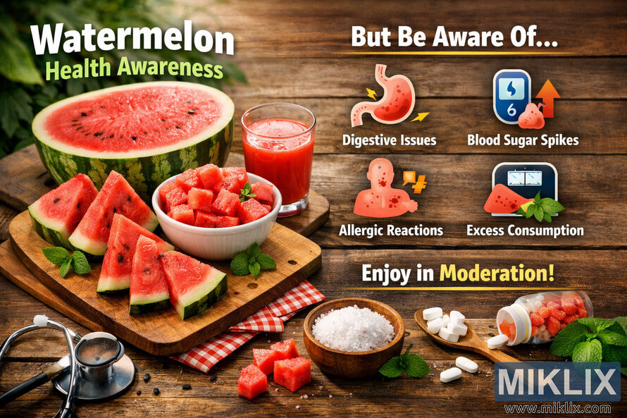 A detailed health awareness photo showing watermelon slices, juice, and icons illustrating both benefits and potential side effects of watermelon consumption on a rustic wooden table. A detailed health awareness photo showing watermelon slices, juice, and icons illustrating both benefits and potential side effects of watermelon consumption on a rustic wooden table.