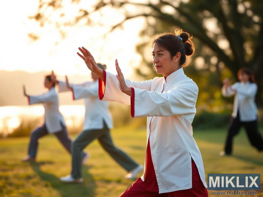 Group practicing Tai Chi in white uniforms with red accents outdoors at sunrise or sunset.