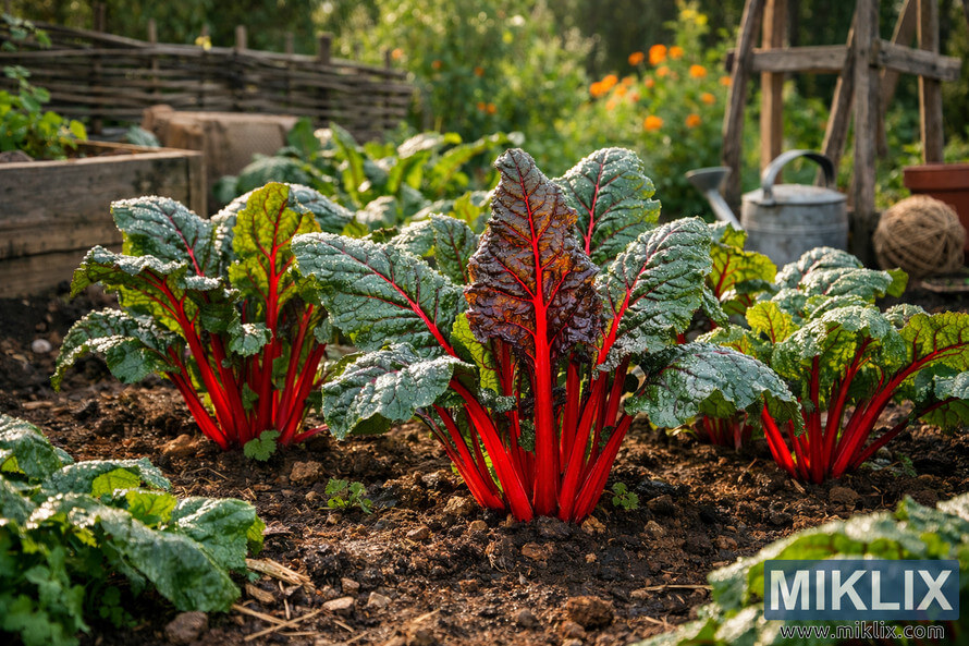 Red chard plants with vibrant red stalks and deep green leaves growing in a rustic vegetable garden with wooden beds and a woven fence in the background.