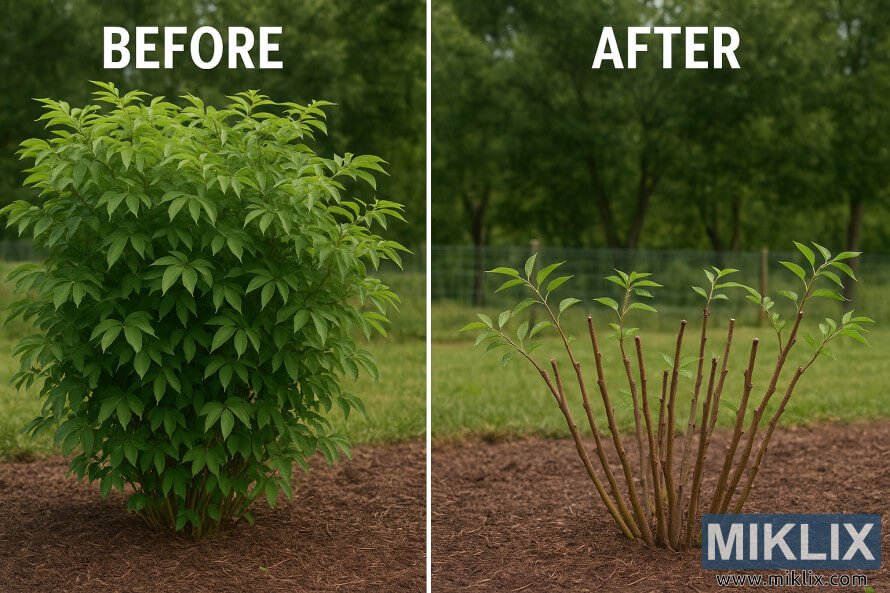 Babandingan sisi-demi-sisi nÃ©mbongkeun hiji rungkun elderberry samÃ©mÃ©h jeung sanggeus pruning - kÃ©nca padet tur overgrown, katuhu rapih dipangkas jeung dipisahkeun batang.