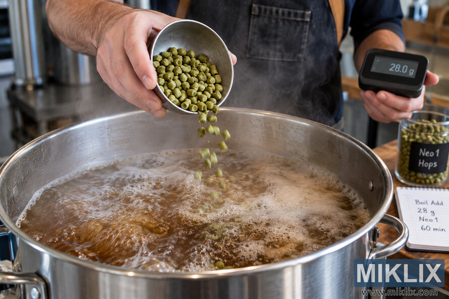 Brewer pouring measured green Neo1 hop pellets from a metal cup into vigorously boiling amber wort in a stainless-steel brew kettle while holding a digital scale reading 28.0 g.