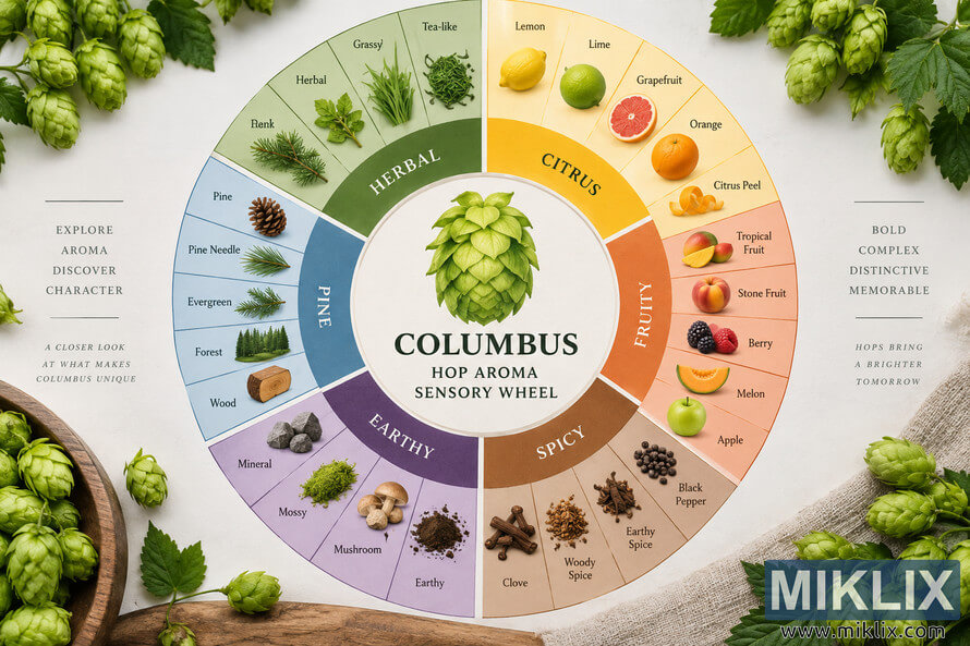 Landscape sensory wheel for Columbus hops, with color-coded herbal, citrus, fruity, spicy, earthy, and pine aroma categories, surrounded by fresh hop cones, leaves, fruits, spices, wood, and botanical ingredients. Landscape sensory wheel for Columbus hops, with color-coded herbal, citrus, fruity, spicy, earthy, and pine aroma categories, surrounded by fresh hop cones, leaves, fruits, spices, wood, and botanical ingredients.