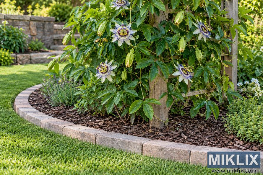 Passionflower vine on a wooden trellis in a mulched garden bed bordered by curved beige stone edging beside a green lawn. Passionflower vine on a wooden trellis in a mulched garden bed bordered by curved beige stone edging beside a green lawn.