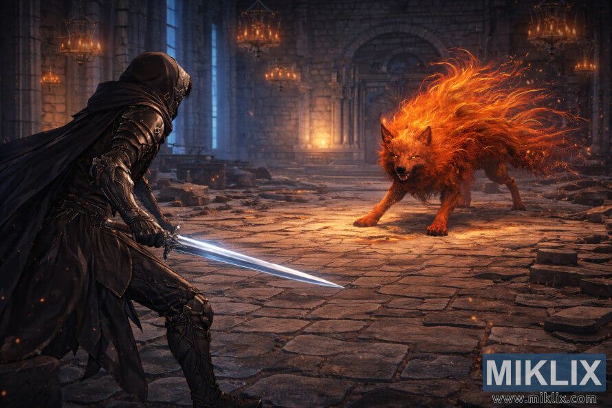 Large fan art de style anime montrant le Sans-Ã©clat par derriÃ¨re Ã  gauche, brandissant une Ã©pÃ©e et faisant face au Loup Rouge de Radagon Ã  lâintÃ©rieur des ruines de lâAcadÃ©mie Raya Lucaria.