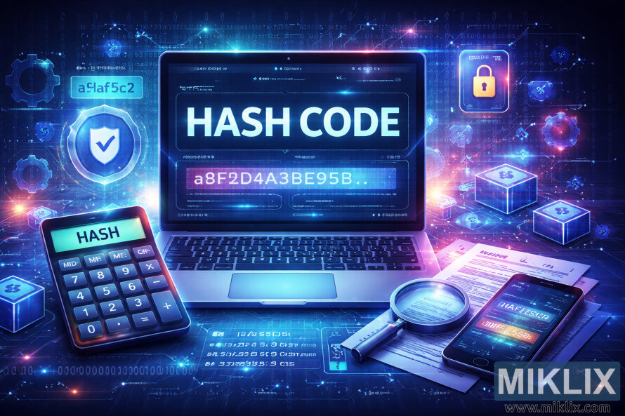 Illustration af en bærbar computer, der viser hashkodeoutput, omgivet af en lommeregner, smartphone og digitale sikkerhedsikoner i et højteknologisk miljø.