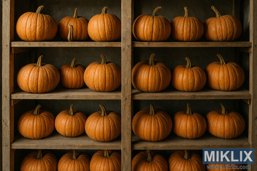 Cured pumpkins arranged on wooden shelves in a cool, dry storage room