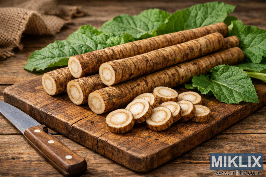 Fresh burdock roots with green leaves arranged on a rustic wooden cutting board, accompanied by sliced pieces and a knife. Fresh burdock roots with green leaves arranged on a rustic wooden cutting board, accompanied by sliced pieces and a knife.