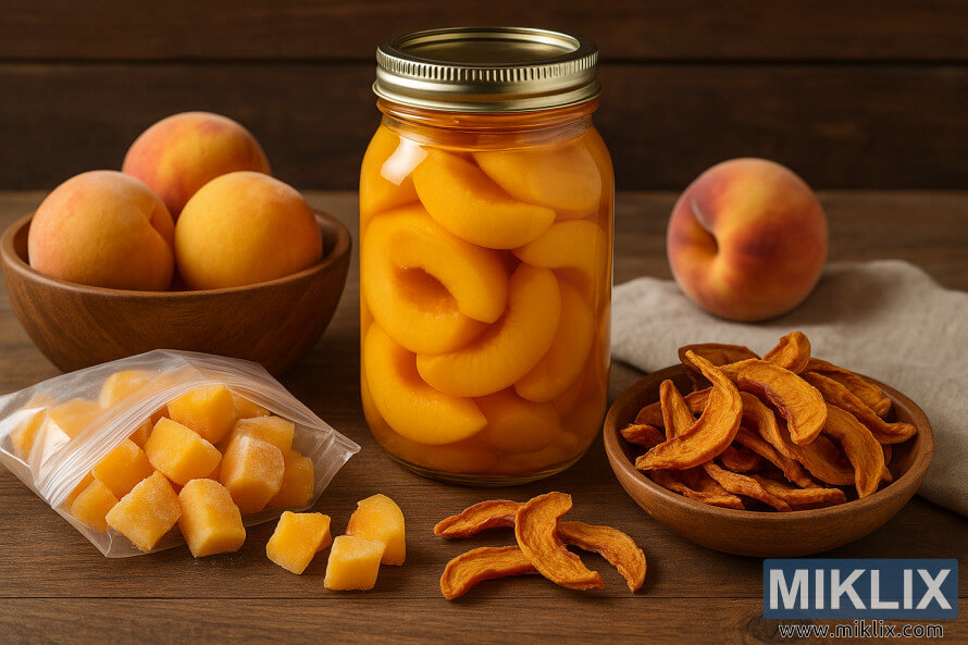 Et landskabsfoto, der viser konserverede ferskner gennem konservering i et glas, frysning i tern og tÃ¸rring i skiver pÃ¥ en rustik trÃ¦overflade.