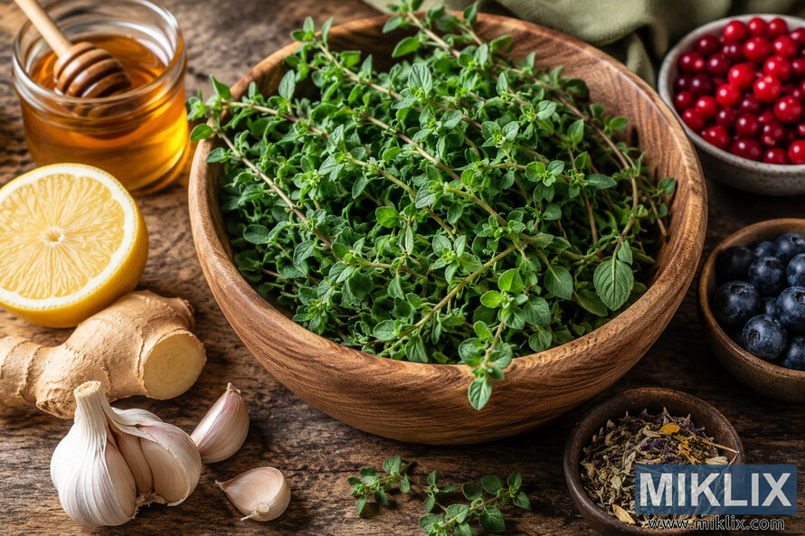 High-resolution landscape photograph of fresh marjoram in a wooden bowl surrounded by honey, lemon, ginger, garlic, blueberries, cranberries, and dried herbs on a rustic wooden table with warm natural lighting. High-resolution landscape photograph of fresh marjoram in a wooden bowl surrounded by honey, lemon, ginger, garlic, blueberries, cranberries, and dried herbs on a rustic wooden table with warm natural lighting.
