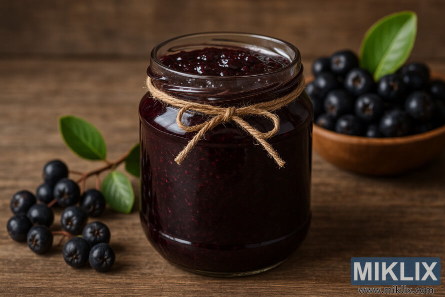 A glass jar of homemade aronia berry jam with a jute bow, surrounded by fresh aronia berries and green leaves on a wooden table.