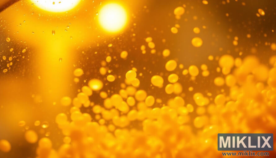 Pamje nga afÃ«r e qelizave tÃ« majasÃ« sÃ« birrÃ«s tÃ« pezulluara nÃ« njÃ« lÃ«ng tÃ« kthjellÃ«t nÃ«n ndriÃ§im tÃ« ngrohtÃ« laboratorik.