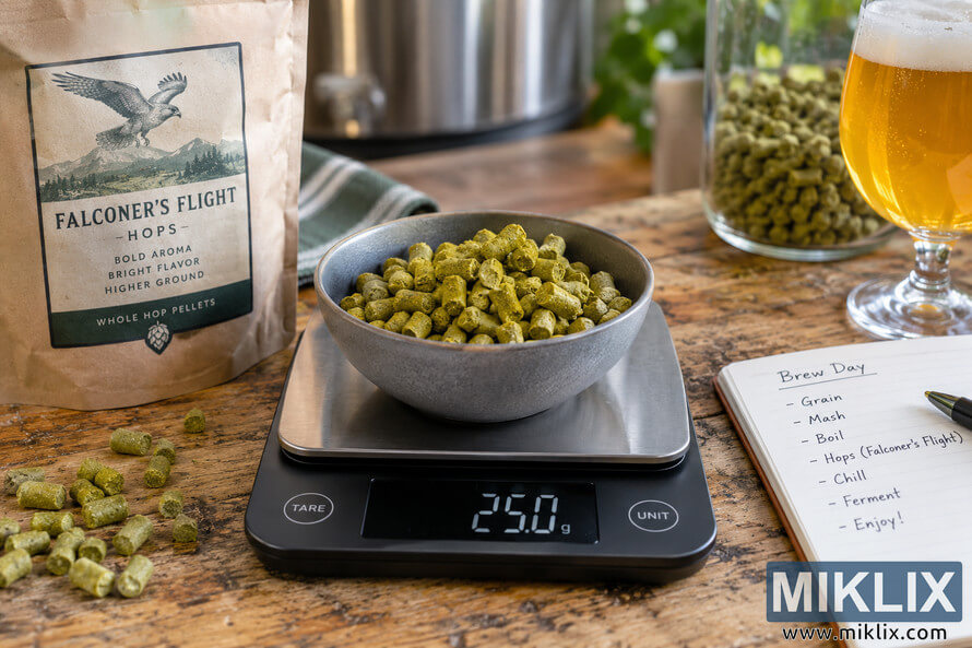 Landscape photo of green hop pellets in a gray bowl on a digital brewing scale reading 25.0 g, surrounded by a fictional hop package, scattered pellets, a brew-day notebook, brewing kettle, jar of hops, and a glass of golden beer on a rustic wooden table. Landscape photo of green hop pellets in a gray bowl on a digital brewing scale reading 25.0 g, surrounded by a fictional hop package, scattered pellets, a brew-day notebook, brewing kettle, jar of hops, and a glass of golden beer on a rustic wooden table.