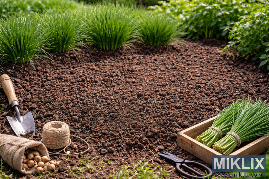 Inhlabathi yengadi esanda kulinywa elungiselelwe ukutshala ama-chive, ngamathuluzi okulima, ama-chive bulbs, kanye nezinqwaba zama-chive aluhlaza ahlelwe kahle azungeze umbhede. Inhlabathi yengadi esanda kulinywa elungiselelwe ukutshala ama-chive, ngamathuluzi okulima, ama-chive bulbs, kanye nezinqwaba zama-chive aluhlaza ahlelwe kahle azungeze umbhede.