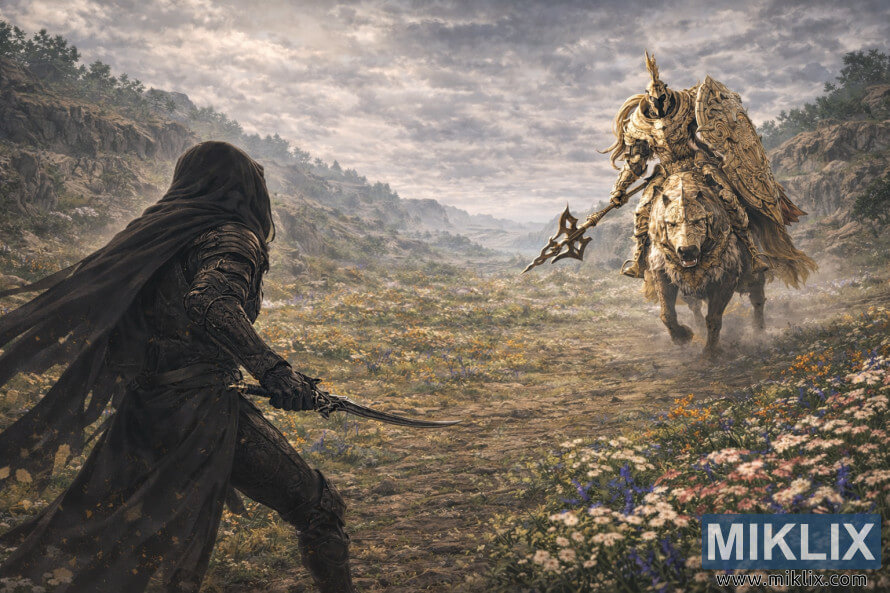 Wide anime-style scene showing the Tarnished from behind facing a distant Tree Sentinel on horseback in a vast, flower-filled landscape before battle.