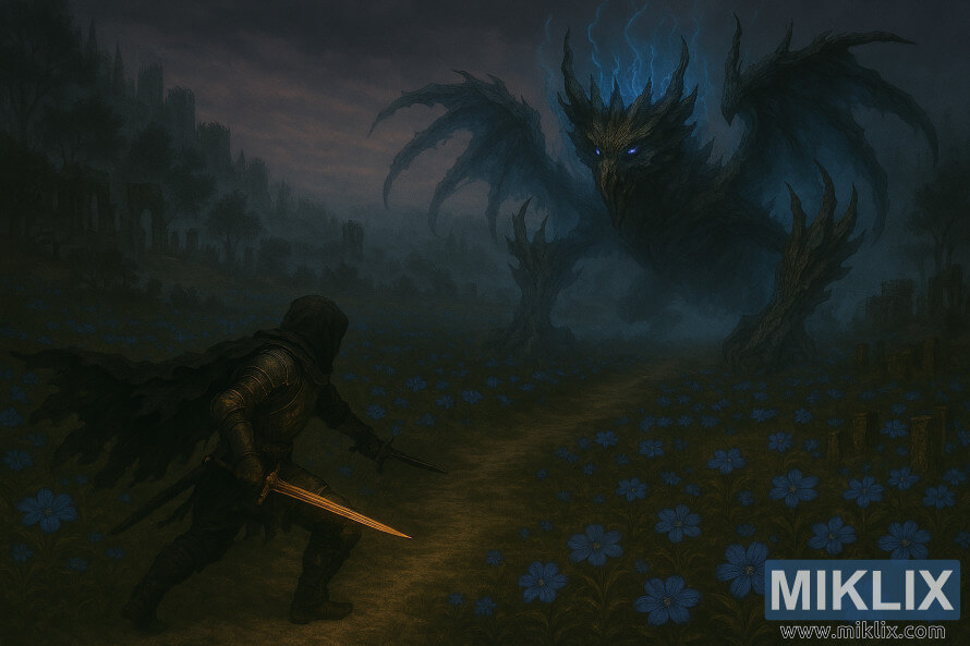 Landscape fantasy art of Tarnished in Black Knife armor confronting Ghostflame Dragon from an elevated angle