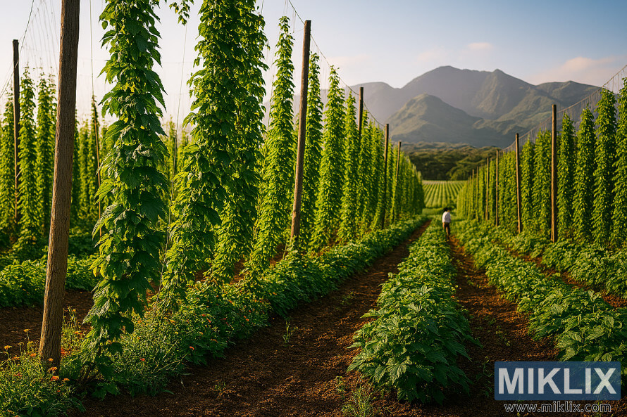QÄ±zÄ±l gÃ¼nÉÅ iÅÄ±ÄÄ± altÄ±nda Ã§ÉmÉn Ã¼zÃ¼mlÉr, Ã§Ã¶l Ã§iÃ§ÉklÉri vÉ uzaq daÄlarla Vaymeya, Havayda sulu hop sahÉsinin mÉnzÉrÉsi