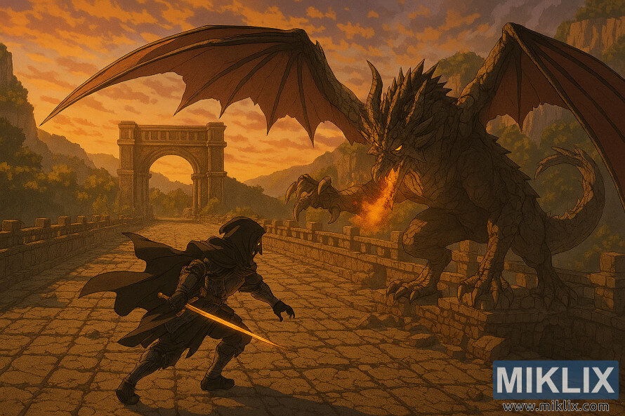 Umjetnost oboÅ¾avatelja u anime stilu prikazuje Tarnished in Black Knife oklop koji se bori protiv LeteÄeg Zmaja Greyla na Farum Greatbridgeu iz poviÅ¡enog izometrijskog prikaza.