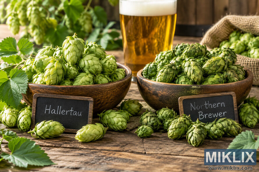 Rustic still life of Hallertau and Northern Brewer hop cones in labeled wooden bowls on a weathered table, surrounded by fresh hop leaves and loose cones, with a glass of golden beer and a burlap sack of hops in the softly focused background.
