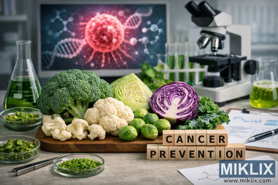 Laboratory scene featuring cruciferous vegetables such as broccoli, cabbage, cauliflower, and Brussels sprouts arranged beside scientific equipment including test tubes, flasks, and a microscope, symbolizing cancer prevention research.