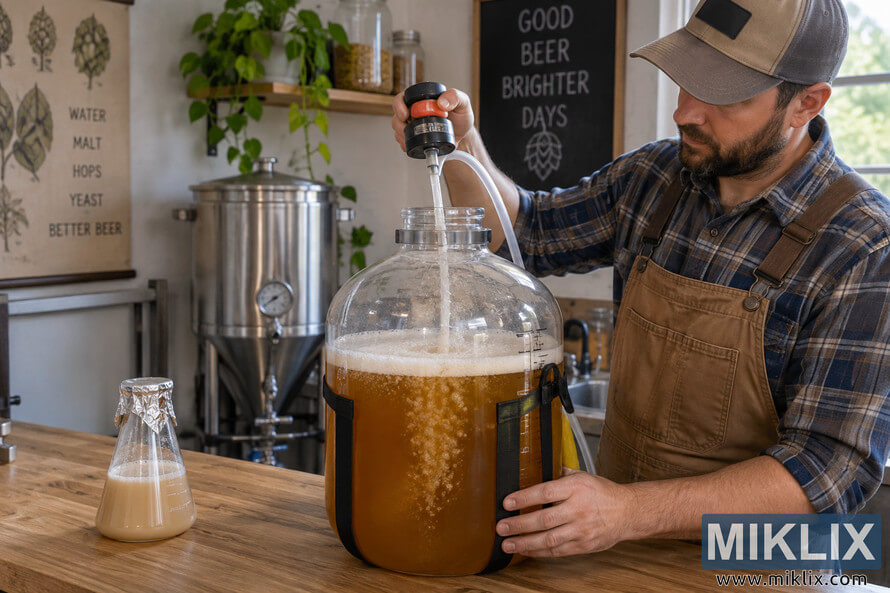 Homebrewer aerating amber wort in a glass fermenter with a bubbling aeration tube while a flask of liquid hefeweizen yeast sits nearby, ready to be pitched. Homebrewer aerating amber wort in a glass fermenter with a bubbling aeration tube while a flask of liquid hefeweizen yeast sits nearby, ready to be pitched.