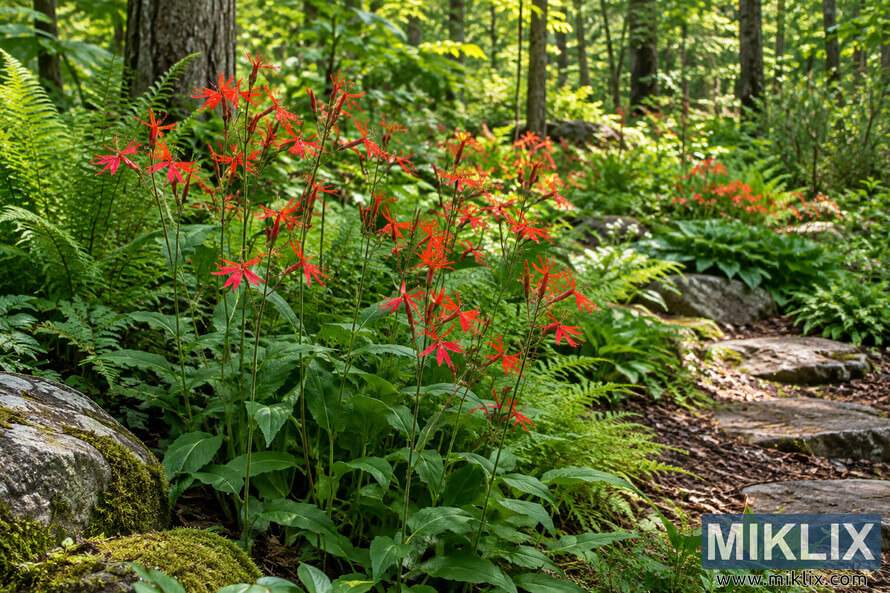 Red-orange wildflowers bloom among lush ferns, mossy rocks, and a winding stone path in a sun-dappled woodland garden.