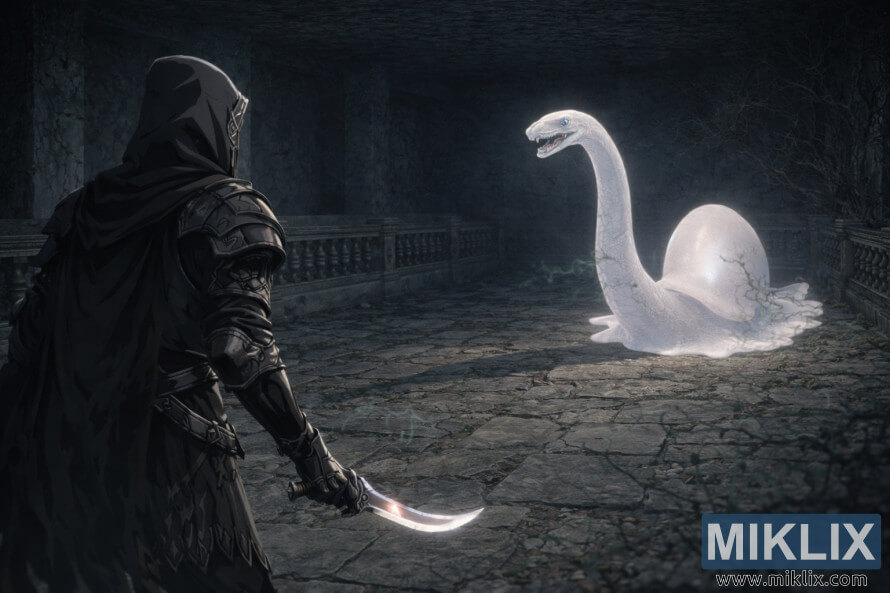 Elden Ring oyunundaki Kara BÄ±Ã§ak suikastÃ§Ä±sÄ±nÄ±n Road's End YeraltÄ± MezarlarÄ±'nda Ruh ÃaÄÄ±ran Salyangoz ile savaÅmasÄ±nÄ± gÃ¶steren hayran Ã§izimi.