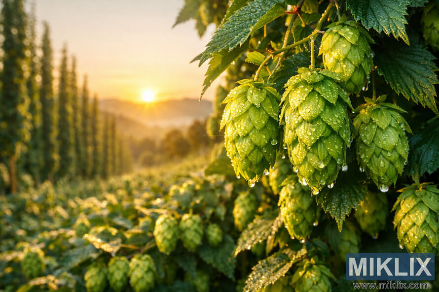 Close-up of dew-covered Ahtanum hop cones in a lush green field at sunrise with golden light over rolling hills.