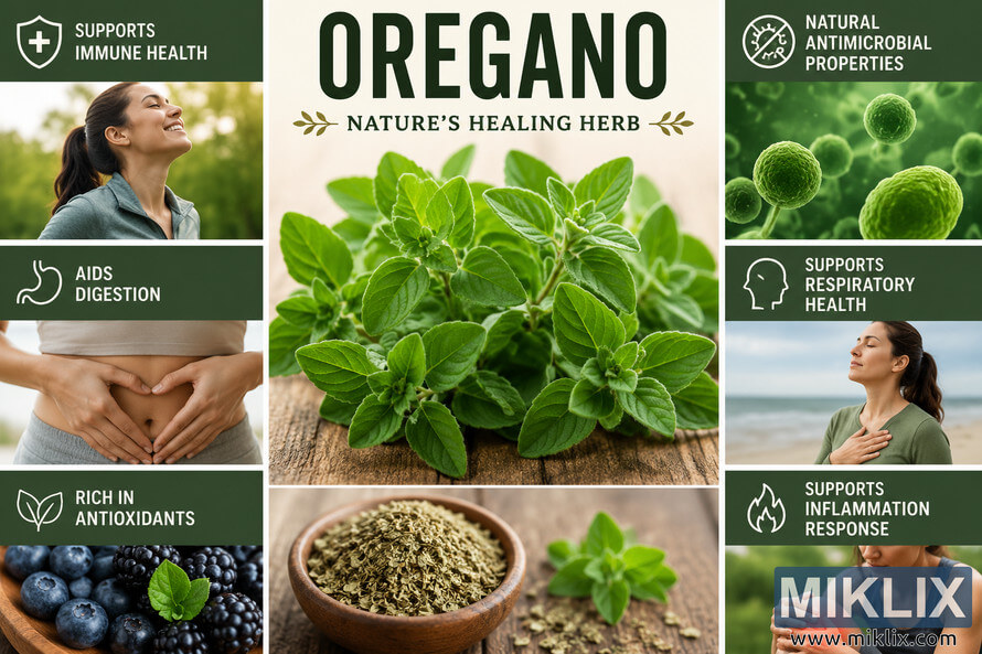 Landscape infographic collage featuring fresh oregano leaves at the center surrounded by panels illustrating health benefits including immune support, antimicrobial properties, digestion support, respiratory wellness, antioxidants, and inflammation response. The design uses green botanical tones with wellness imagery and clean typography. Landscape infographic collage featuring fresh oregano leaves at the center surrounded by panels illustrating health benefits including immune support, antimicrobial properties, digestion support, respiratory wellness, antioxidants, and inflammation response. The design uses green botanical tones with wellness imagery and clean typography.