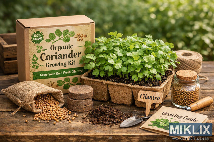 A detailed photograph of an organic coriander growing kit featuring cilantro plants in a biodegradable pot, coriander seeds, gardening tools, and packaging arranged on a rustic wooden surface outdoors. A detailed photograph of an organic coriander growing kit featuring cilantro plants in a biodegradable pot, coriander seeds, gardening tools, and packaging arranged on a rustic wooden surface outdoors.