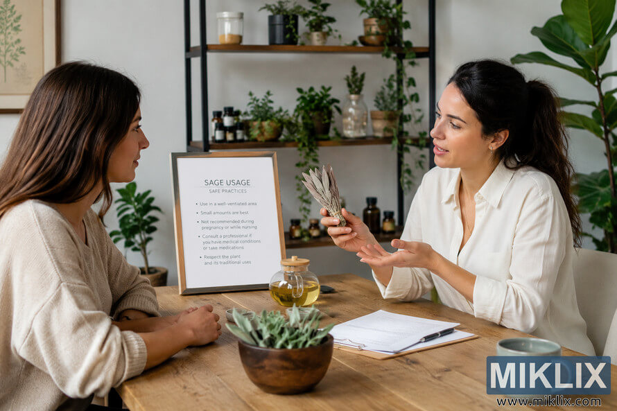 Two women seated at a wooden table during a wellness consultation about safe sage usage in a bright, plant-filled indoor space. One woman gently holds a bundle of sage while explaining safe practices displayed on a framed sign nearby. Two women seated at a wooden table during a wellness consultation about safe sage usage in a bright, plant-filled indoor space. One woman gently holds a bundle of sage while explaining safe practices displayed on a framed sign nearby.