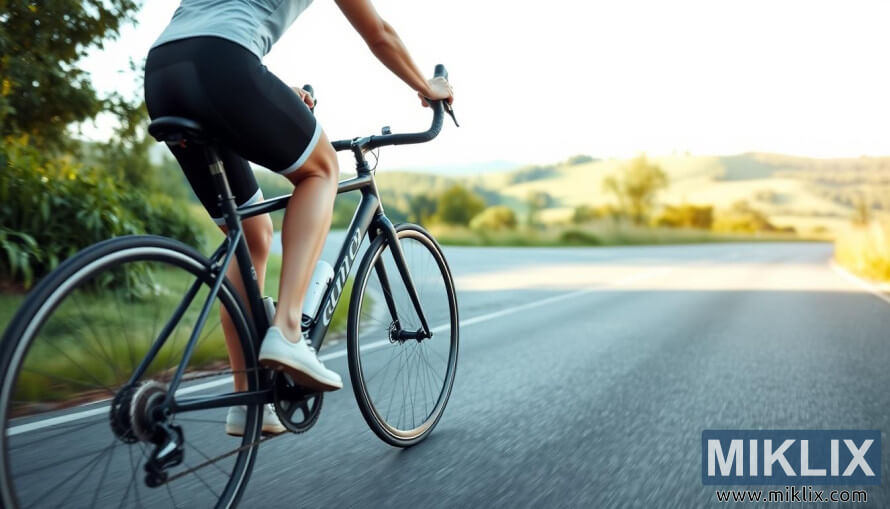 Cyclist on a scenic country road surrounded by greenery and rolling hills under soft natural light.