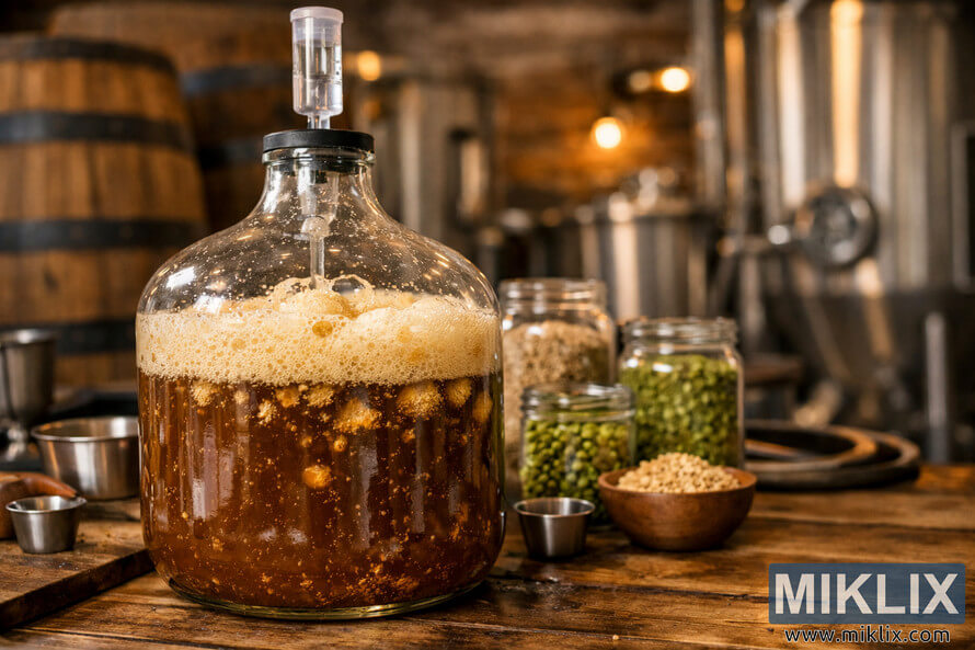 A close-up of a glass carboy actively fermenting beer in a rustic brewery, surrounded by jars of malt and hops on a wooden table with warm ambient lighting. A close-up of a glass carboy actively fermenting beer in a rustic brewery, surrounded by jars of malt and hops on a wooden table with warm ambient lighting.