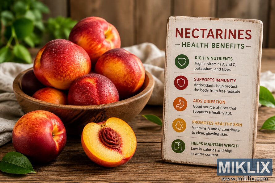 Fresh ripe nectarines arranged on a rustic wooden table beside a decorative health benefits sign in a warm natural kitchen setting. Fresh ripe nectarines arranged on a rustic wooden table beside a decorative health benefits sign in a warm natural kitchen setting.
