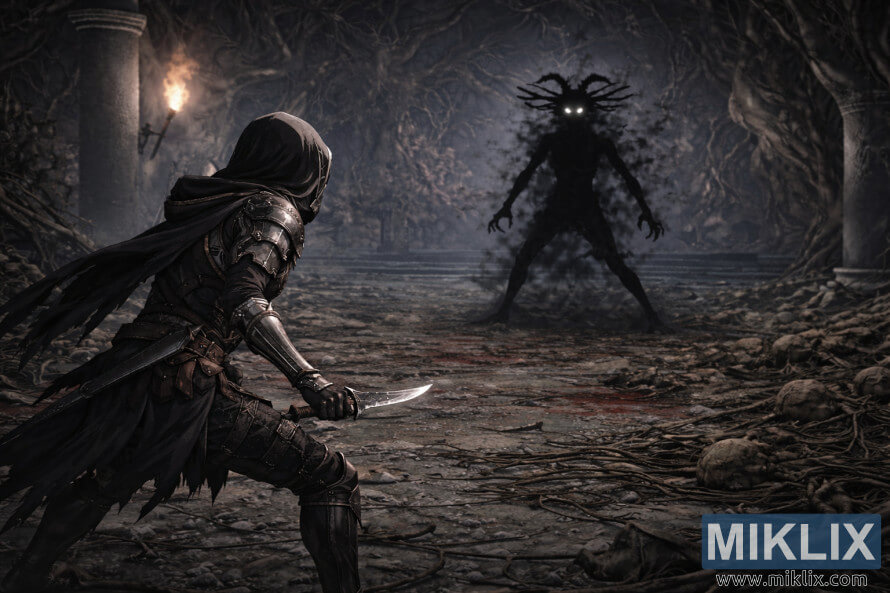 Bá»©c tranh fan art theo phong cÃ¡ch anime rá»ng lá»n vá» Elden Ring, thá» hiá»n Tarnished trong bá» giÃ¡p Black Knife tá»« phÃ­a sau, Äá»i máº·t vá»i Cemetery Shade bÃªn trong Háº§m má» Black Knife.