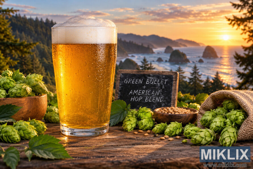 A cold golden West Coast IPA in a clear pint glass surrounded by fresh green hop cones and malt on a rustic wooden table, overlooking a dramatic forested Pacific coastline at sunset. A cold golden West Coast IPA in a clear pint glass surrounded by fresh green hop cones and malt on a rustic wooden table, overlooking a dramatic forested Pacific coastline at sunset.