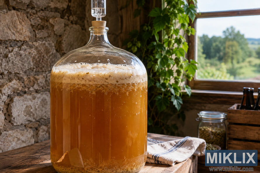 Wild-fermented amber ale actively fermenting in a large glass carboy with a clear airlock, foam and yeast sediment, standing on a rustic wooden table beside brewing ingredients in a sunlit farmhouse setting. Wild-fermented amber ale actively fermenting in a large glass carboy with a clear airlock, foam and yeast sediment, standing on a rustic wooden table beside brewing ingredients in a sunlit farmhouse setting.