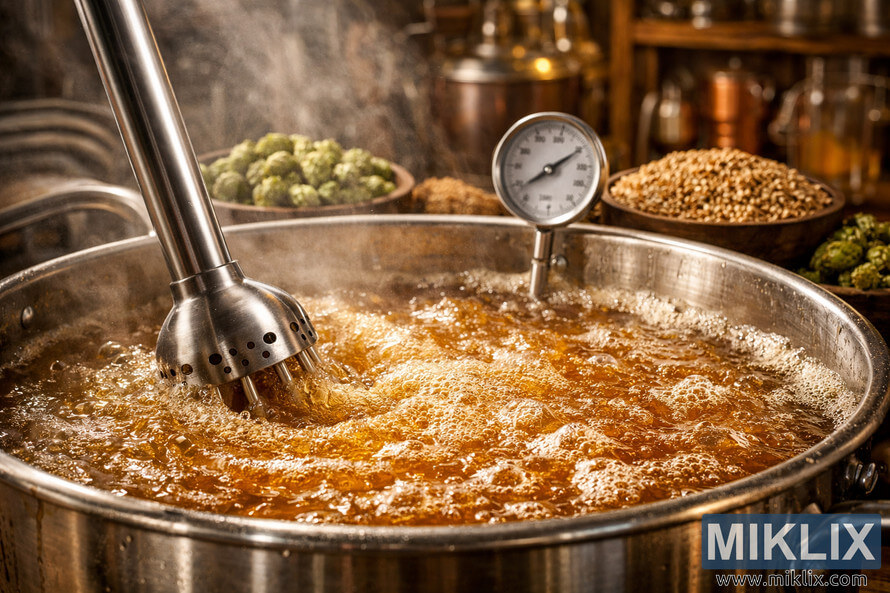 Close-up photo of a large stainless steel brew kettle filled with golden, bubbling wort. A stainless steel immersion blender is partially submerged, churning the liquid and creating ripples and foam. Steam rises from the surface, illuminated by warm lighting. In the middle ground, wooden bowls hold green hop cones and pale malted barley grains, with a stainless steel dial thermometer resting between them. The blurred background shows wooden shelves lined with brewing equipment, creating a rustic, inviting brewery atmosphere. Close-up photo of a large stainless steel brew kettle filled with golden, bubbling wort. A stainless steel immersion blender is partially submerged, churning the liquid and creating ripples and foam. Steam rises from the surface, illuminated by warm lighting. In the middle ground, wooden bowls hold green hop cones and pale malted barley grains, with a stainless steel dial thermometer resting between them. The blurred background shows wooden shelves lined with brewing equipment, creating a rustic, inviting brewery atmosphere.