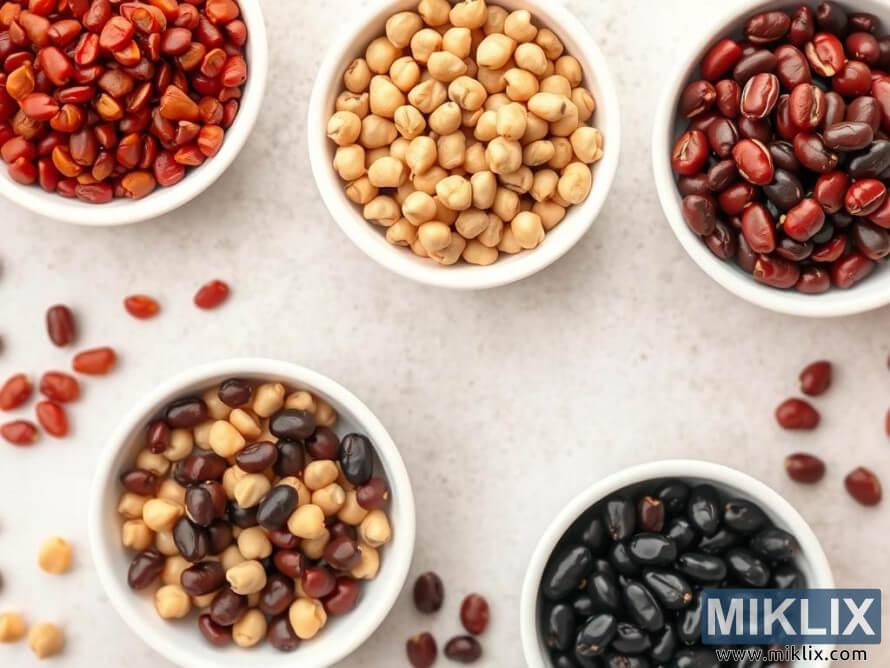 Viisi kulhoa erilaisia palkokasveja ja papuja, kuten kikherneitÃ¤, punaisia papuja ja mustia papuja, vaalealla alustalla.