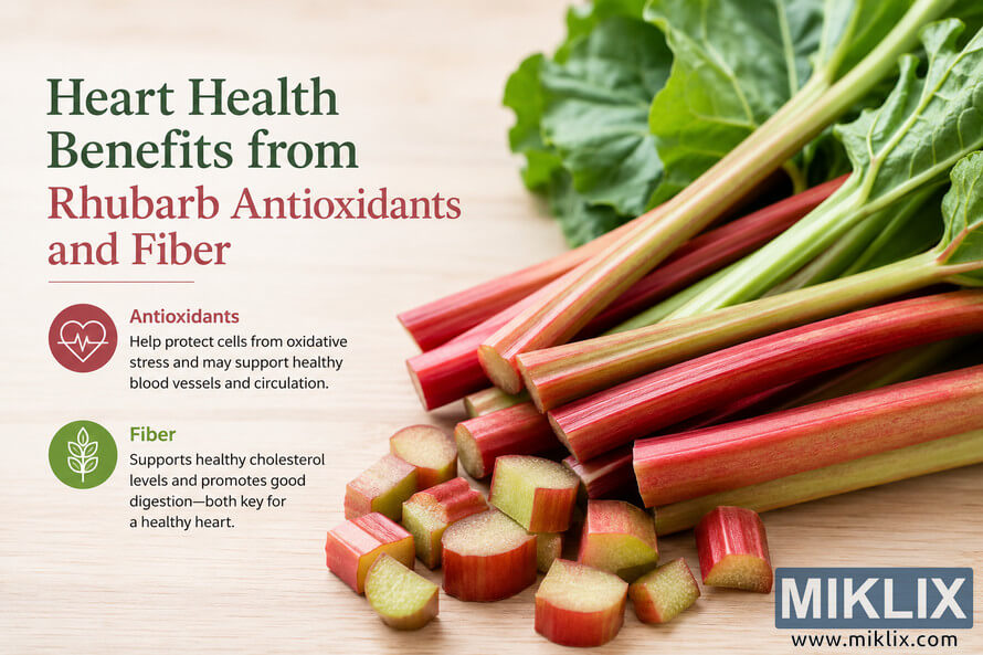 A high-resolution landscape infographic showing fresh red and green rhubarb stalks on a light wooden surface beside educational text about heart health benefits from antioxidants and fiber. The design features clean typography, heart and leaf icons, and a natural wellness-inspired aesthetic. A high-resolution landscape infographic showing fresh red and green rhubarb stalks on a light wooden surface beside educational text about heart health benefits from antioxidants and fiber. The design features clean typography, heart and leaf icons, and a natural wellness-inspired aesthetic.