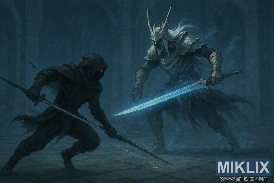 Escena de fantasÃ­a oscura de un asesino con Cuchillo Negro esquivando un ataque del Antiguo HÃ©roe de Zamor empuÃ±ando una Espada Curva Zamor brillante.