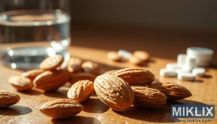 Primer plano de almendras en una superficie de madera con un vaso de agua y suplementos cercanos.