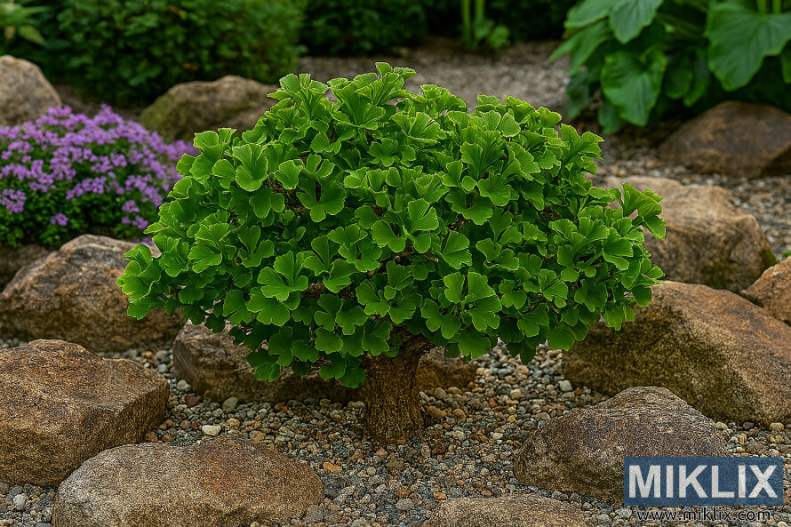 Petit ginkgo troll avec des feuilles en Ã©ventail dans un jardin de rochers entourÃ© de pierres et de thym rampant